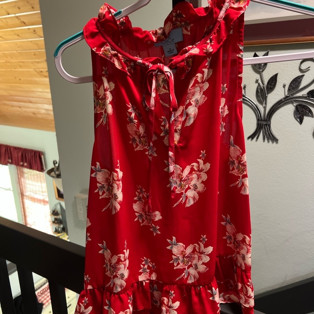 CeCe Red Floral Ruffle Sleeveless Top #144